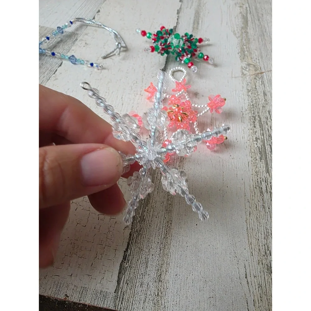 Vintage beaded star ornament pink blue Xmas tree pearls
